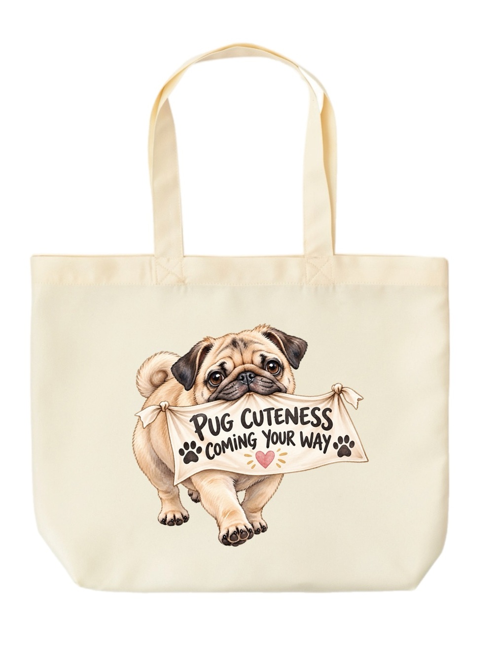 Pug Cuteness Dog Lover Tote Bag Cream 13.5” Reusable Handmade
